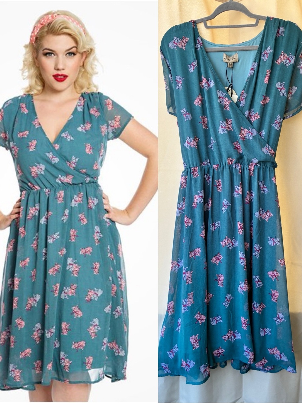Lindy Bop Kasha Retro Green Chiffon Kitten Print Dress Size 20